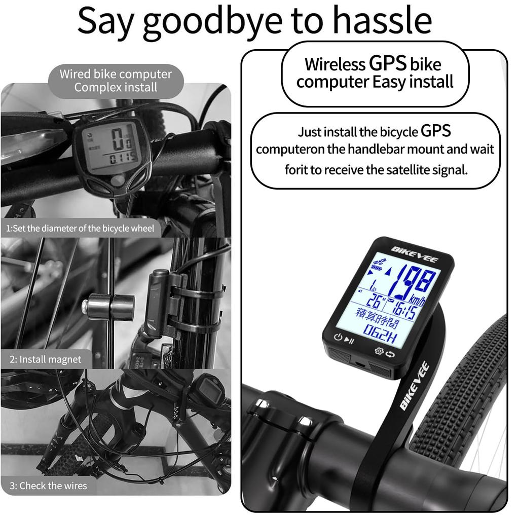 Bikevee GPS Wireless Bicycle Speedometer Cycle Computer with Automatic Start/Stop, Automatic Backlight, Waterproof, Odometer (MPH/KM/H), 2.4-inch FSTN