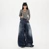 Autumn Winter Vintage High Waist Gradient Cat Texture Relaxed Wide Leg Saber Cut Denim Banana Pants Ladies Casual Pants Oversize Denim Trousers