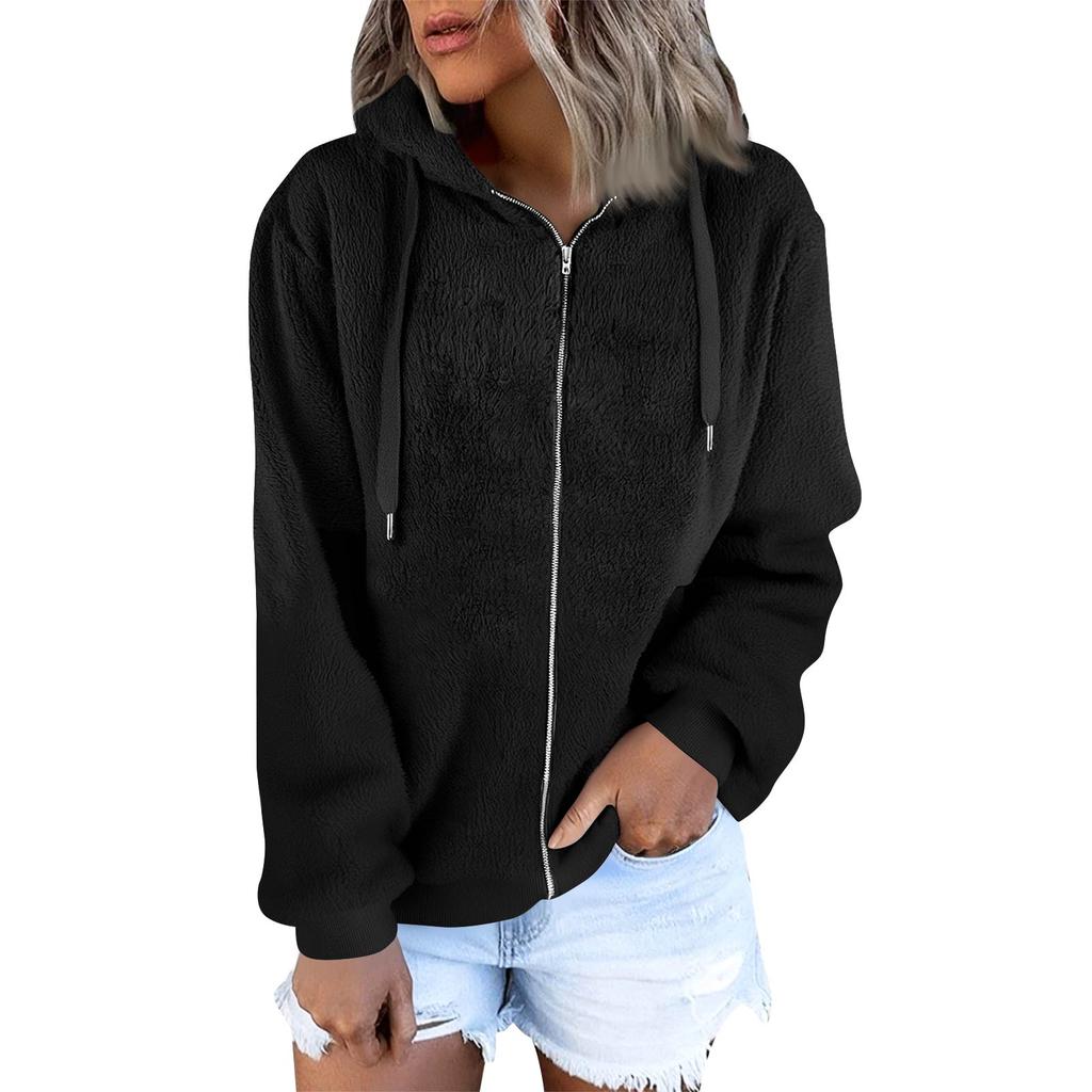 Felpa con cappuccio da donna alla moda calda in pile tinta unita con tasca con cerniera giacca casual