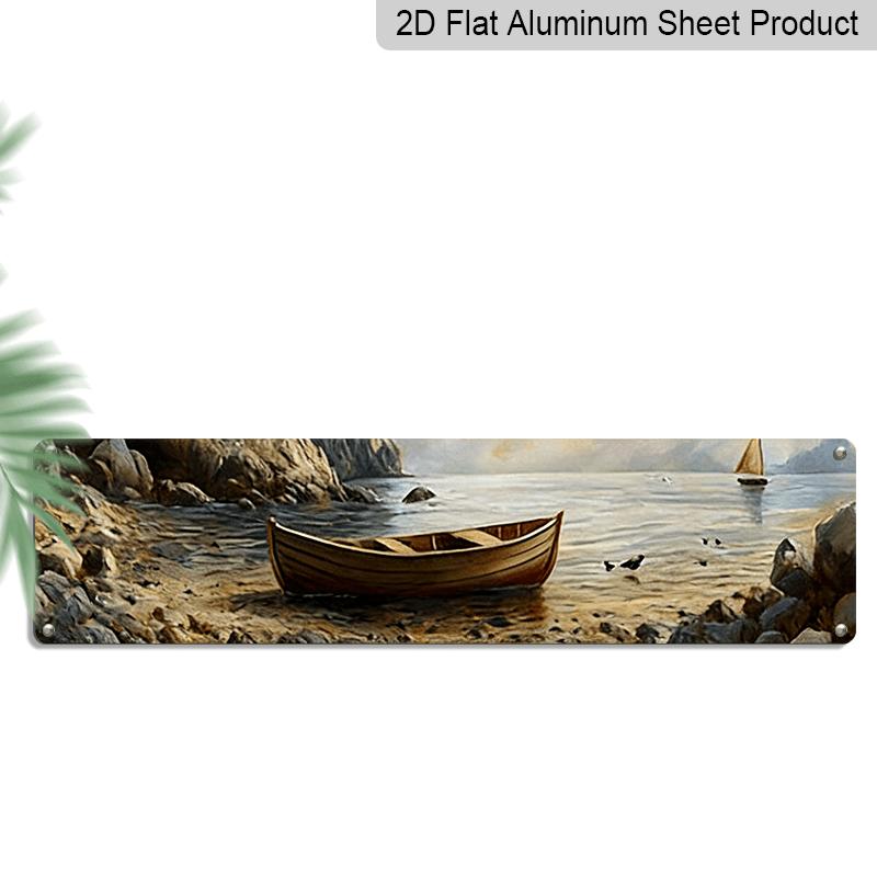 2D Flat Rustic Dinghy Sailboat Aluminum Sign - 2D Flat 15.7×3.94inch Coastal Home Decor Featuring A Sandy Shoreline and Seagulls, Ideal for