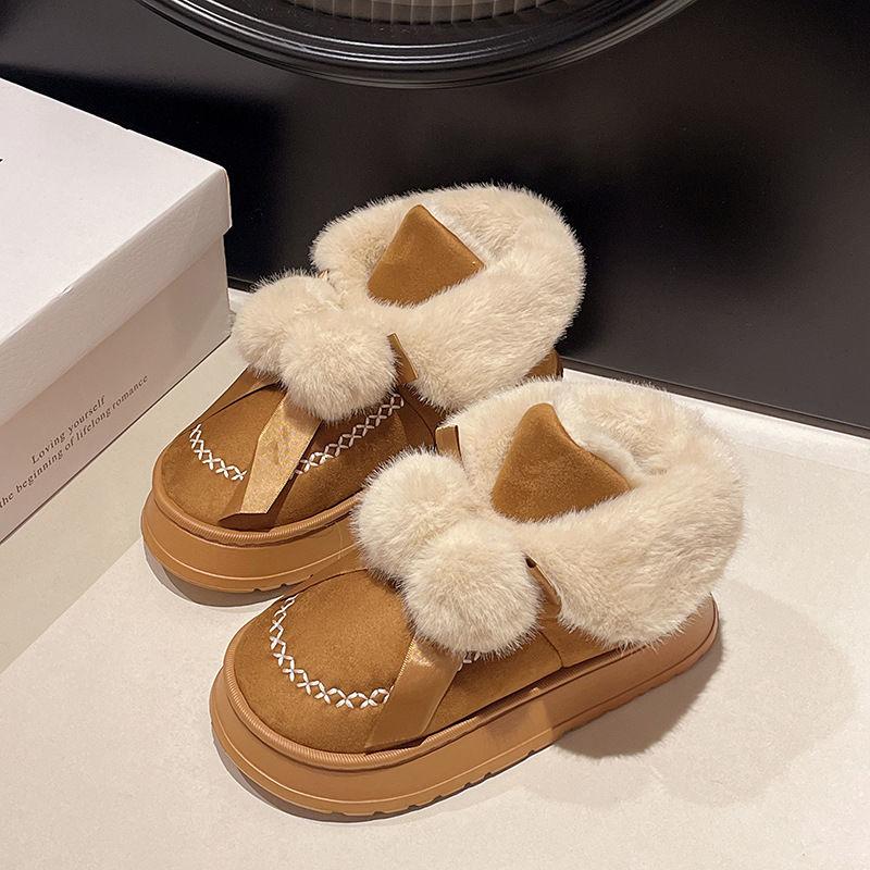 Fashion Cute Bow Snow Boots for Women Plush Round Toe Chunky Woman Shoes Non Slip Warm Footwear Trend 2025 Padded New in Winter Booties