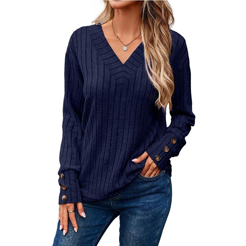 Fashionable and Trendy Women's 2XL Shirts for Women's Autumn and Winter New Women's Long-sleeved V-neck Shirt Solid Color Button T-shirt