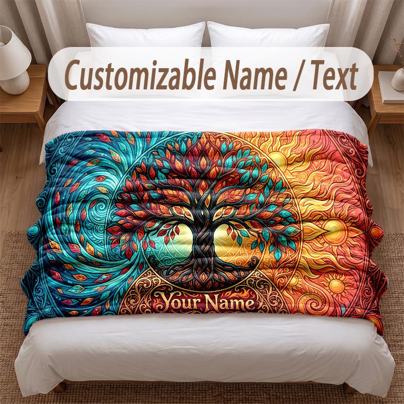 Tree of Life Theme Soft Blanket Personalized Custom Name Text Print Warm Blanket Home Sofa Bedroom Decor