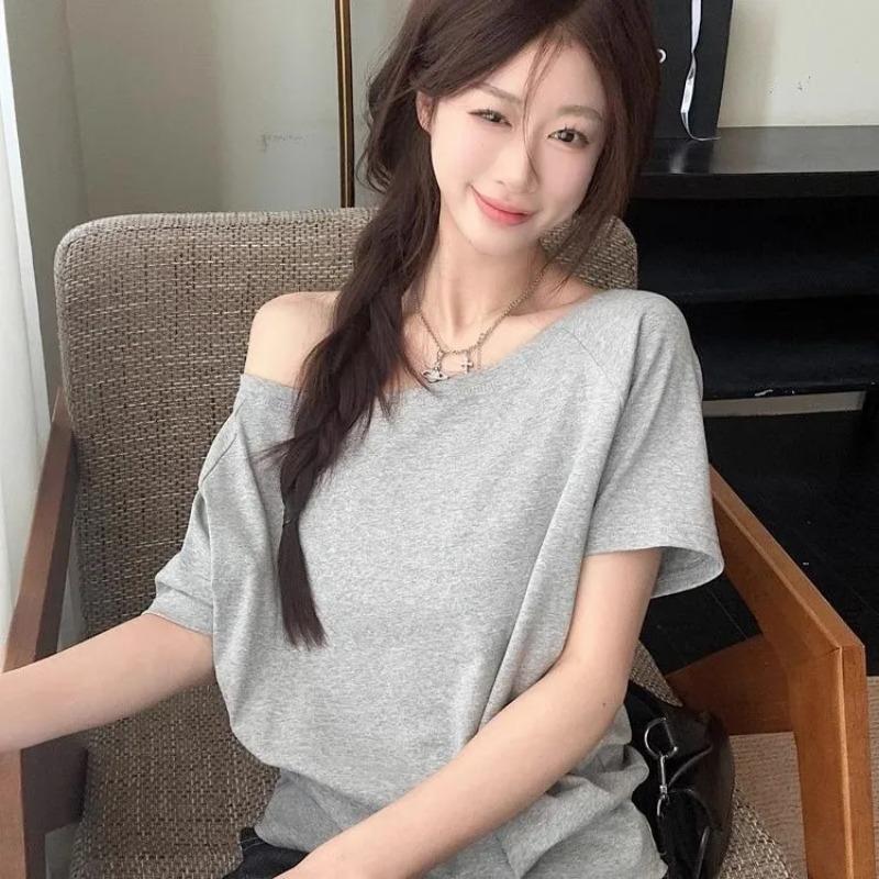 New Black One Shoulder Short Sleeve T-Shirt Women's Summer Pure Desire Loose Chic Top