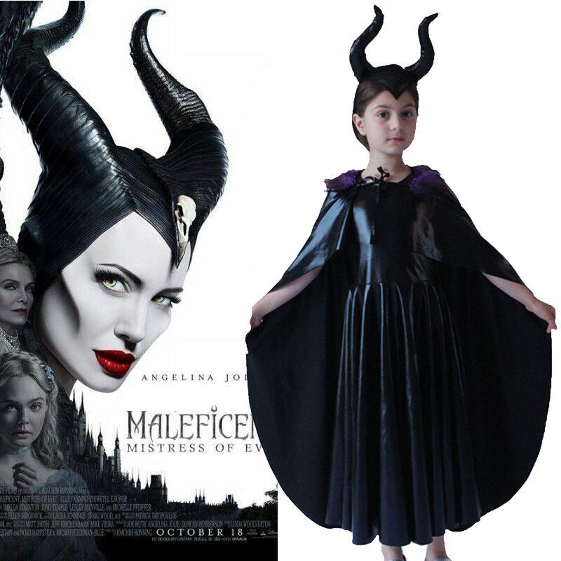 Faszinierendes Maleficent Zauberin Böse Königin Mädchen Kostüm für Halloween mit gehörntem Kopfschmuck