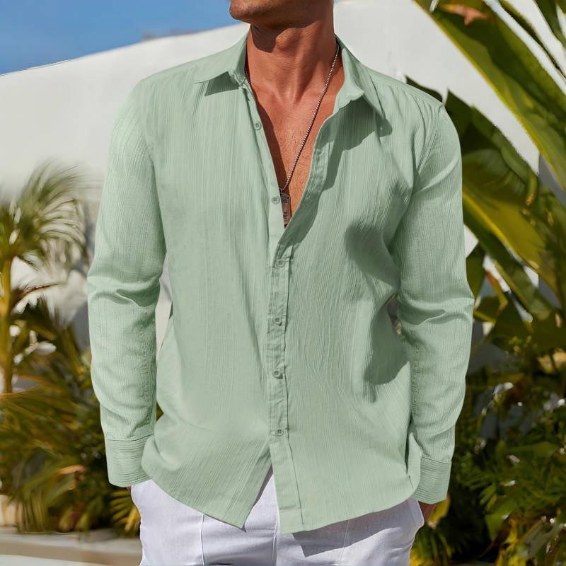 Men's Striped Jacquard Long Sleeve Shirt, Slim Fit Lapel Casual Fall Shirt for Fashion Urban Men