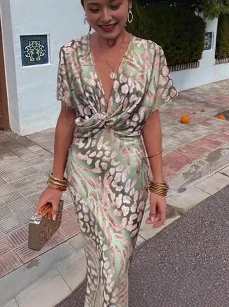 2024 Summer European & American Fashion V-Neck Printed Twist Long Sleeve Top for Women