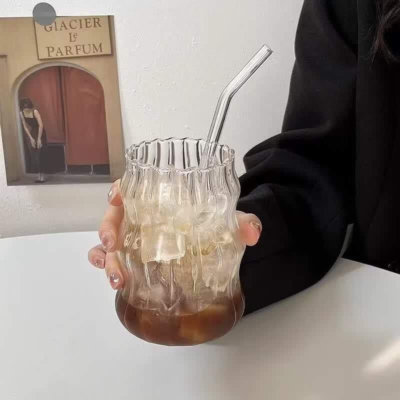 Shangqi Striped Cloud Glass Tumbler with Straw, 550ml (4-Pack)