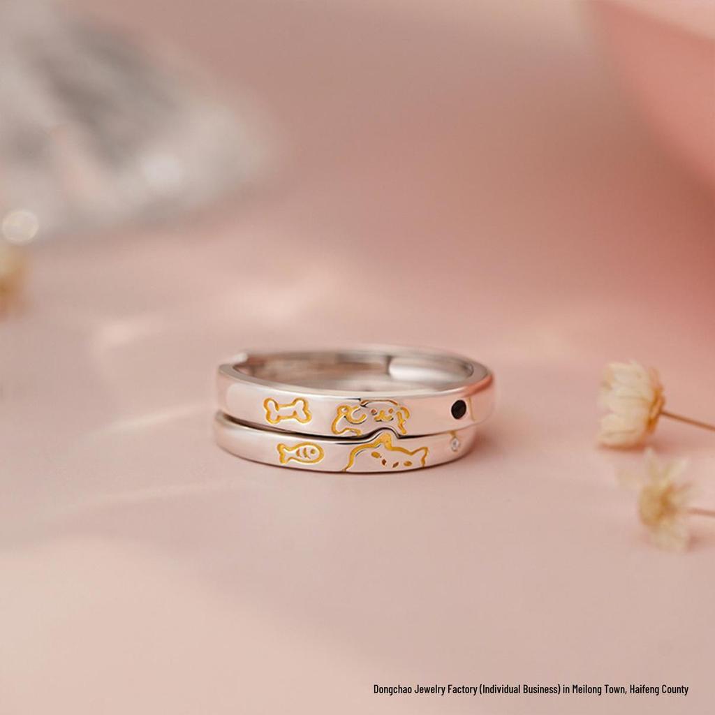 Sterling Silver S999 Sweet Meow Cat Series Couple Rings - Fresh, Playful Cartoon Gift for Girlfriend.