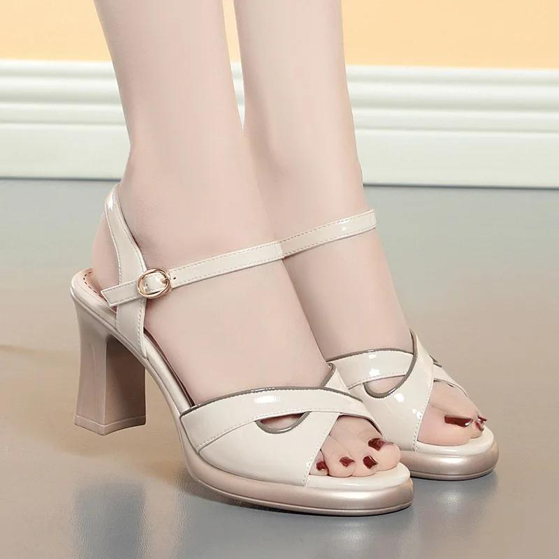 7cm Elegant Fashion Bright Leather Shoes Platform Sandals Summer 2025 Block High Heels Sandals Women for Office Mom Dance