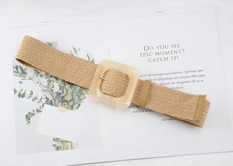 New PP grass woven belt women's retro cotton and hemp ethnic dress with waist closure square buckle decorative belt