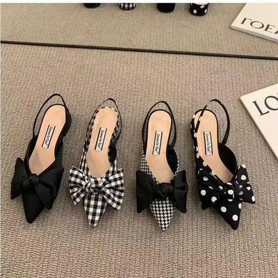 Zapatos de tacón de verano para mujer, con punta puntiaguda y lazo, con tiras traseras, con lunares a cuadros, sin cordones, sandalias de tacón pequeño, informales y finos.
