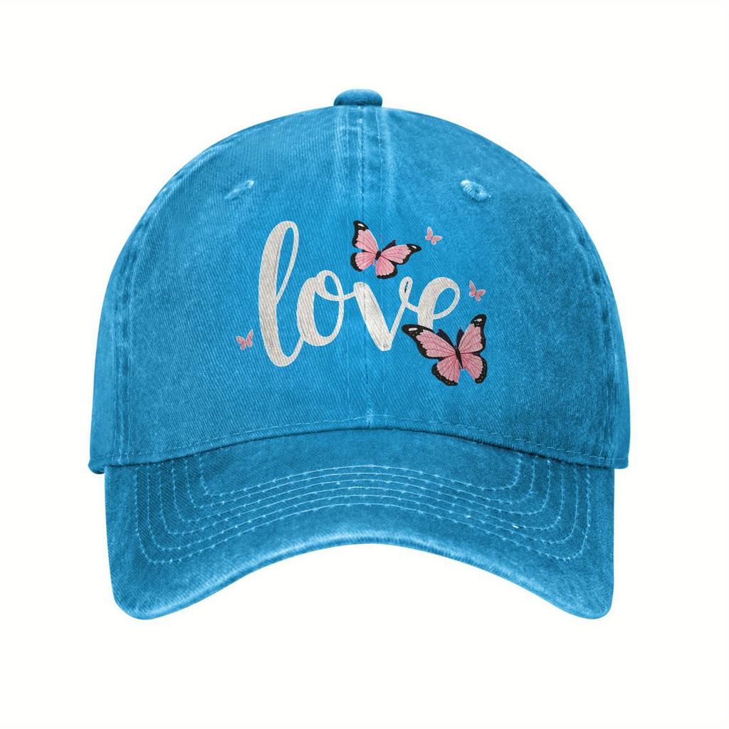 Love Butterfly Print Denim Washed Baseball Cap Vintage Polyester Casual Adjustable Hat Unisex