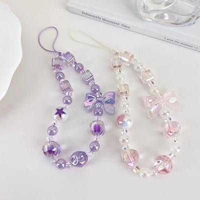 Sweet Candy Color Mobile Phone Chain Cute Bow Beaded Cellphone Pendant Charms Women Cell Phone Case Anti-loss Lanyard Jewelry