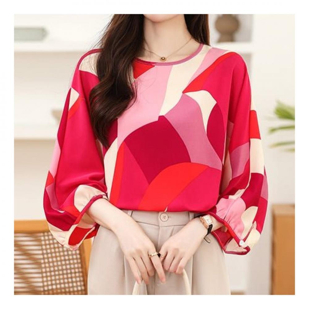 Navava Women Vintage Color Block Pattern Round Neck 3 4 Sleeve Blouse Nb1852