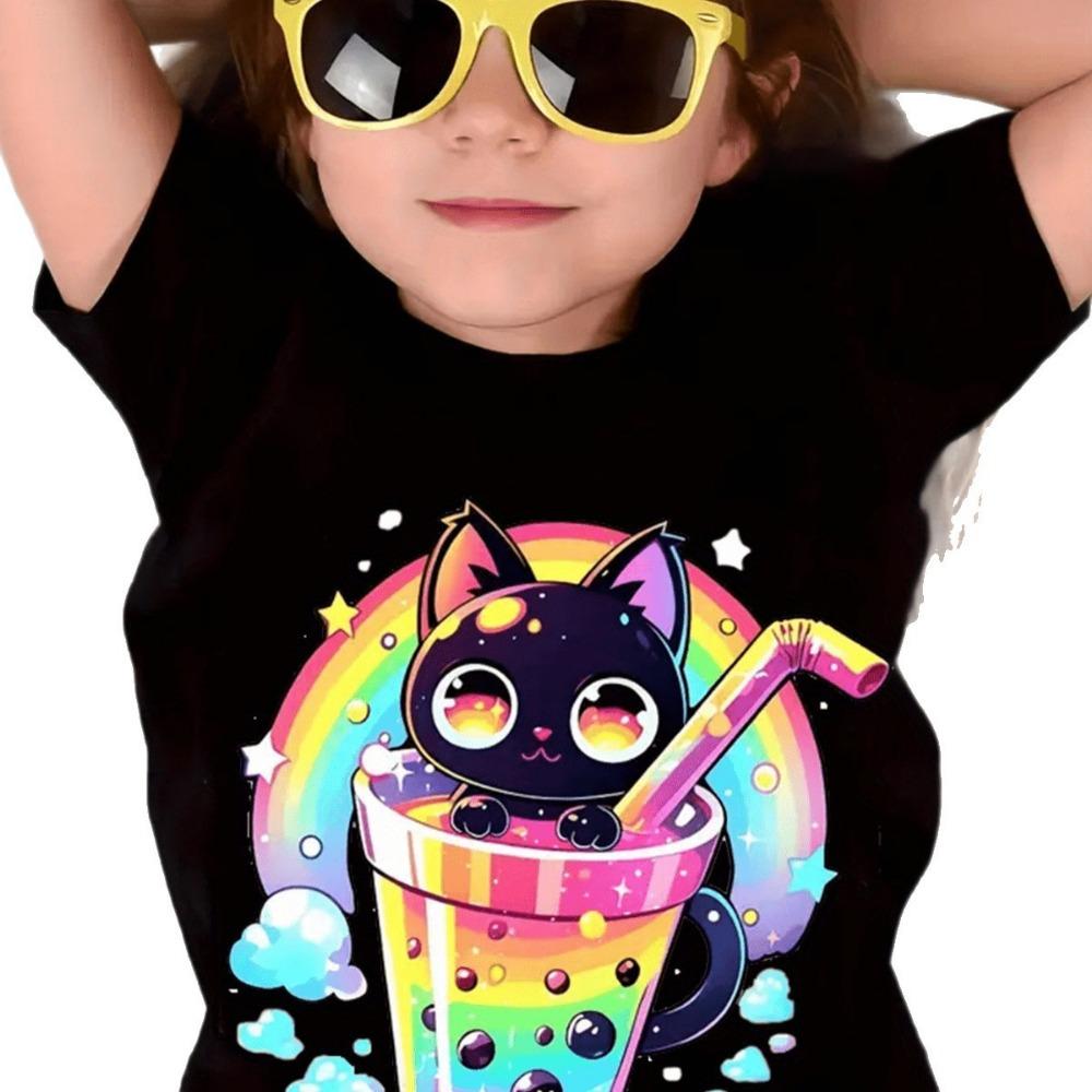 

Cartoon cat and milk tea print short-sleeved T-shirt for girls, casual wear. 100