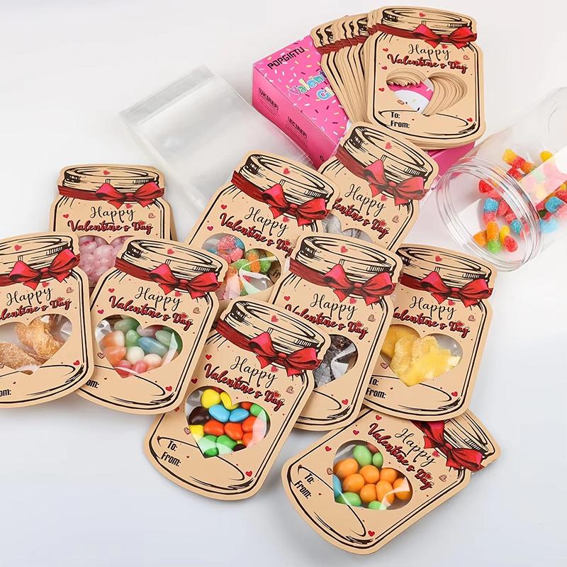 24Pcs Kraft Candy Jar Valentines Day Cards Set Clear Sealed Bags Valentine Exchange Cards for Party Favors(Candy Not Included)