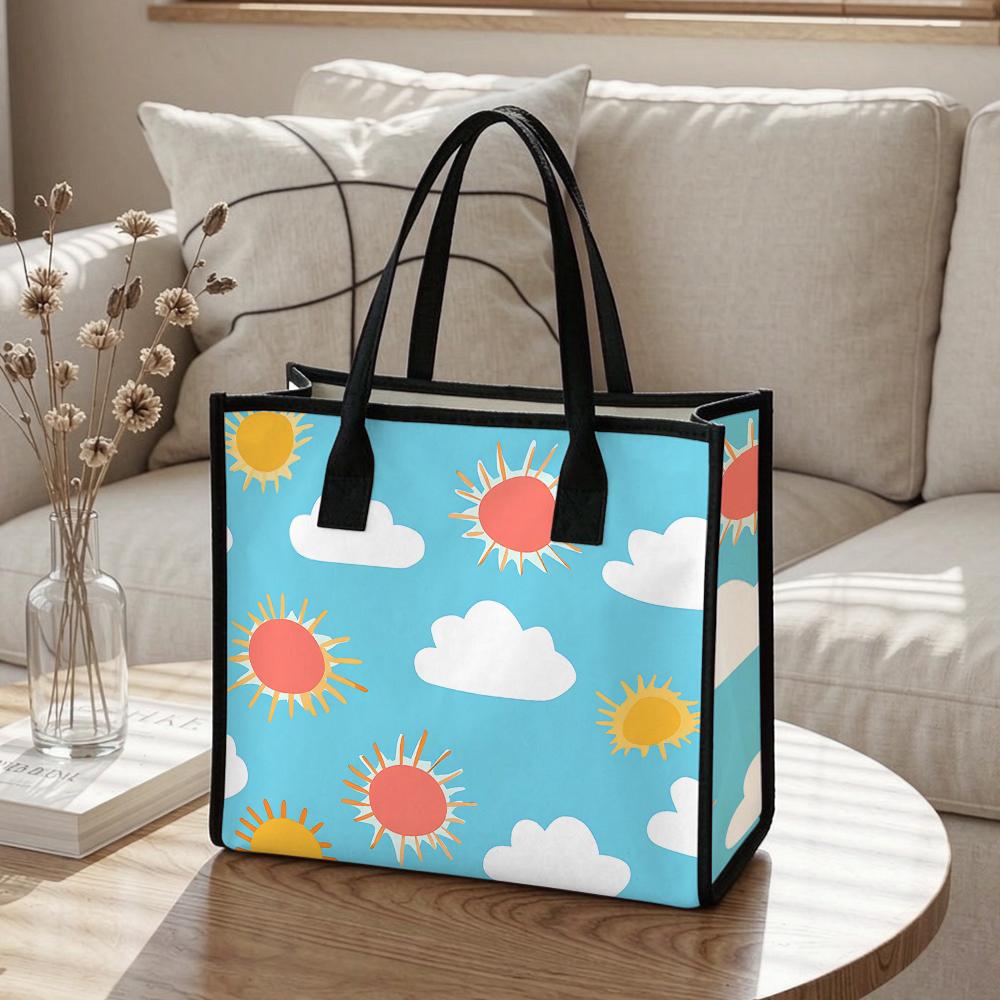 Cute Sun Cloud Pattern Tote Bag Portable Daily Use Shopping Handbag for Women Casual Outdoor Shoulder Bag