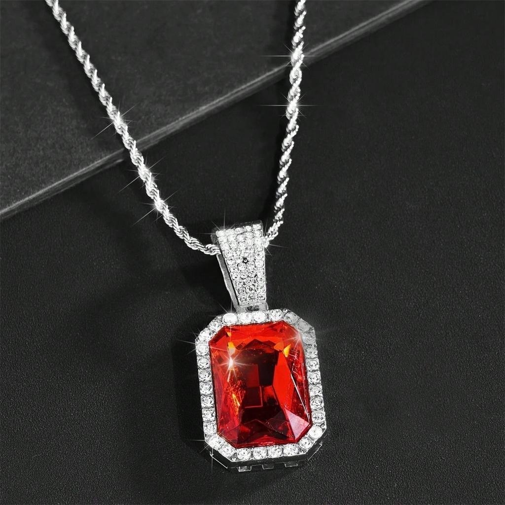 Fashion Red Rhinestone Pendant Necklace For Men with Zircon Cuban Chain Iced Out Bling Hiphop Necklaces Rock Biker  Gifts
