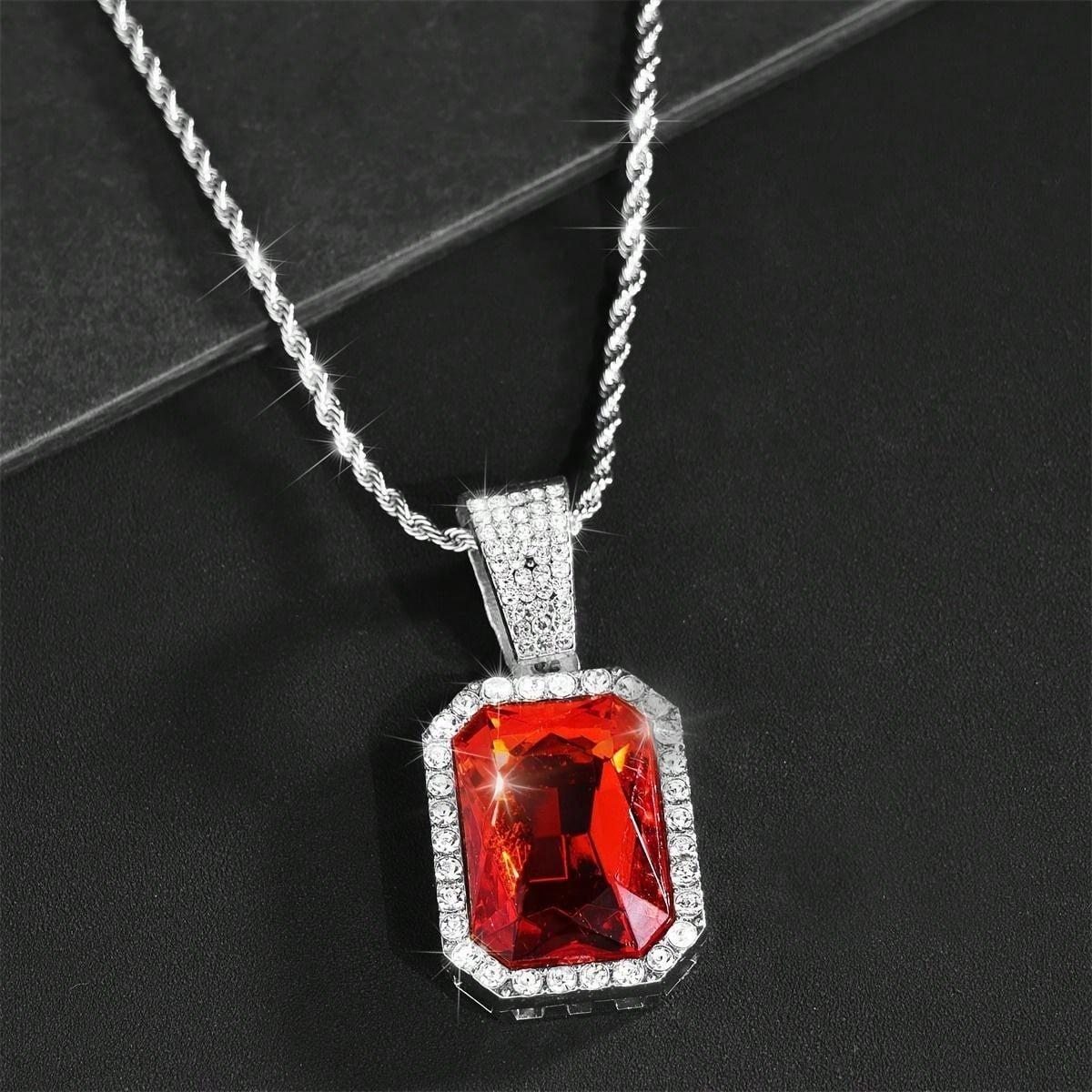 

Fashion Red Rhinestone Pendant Necklace For Men with Zircon Cuban Chain Iced Out Bling Hiphop Necklaces Rock Biker Jewelry Gifts
