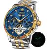 OLEVS Men's Mechanical Automatic Moon Phase Skeleton Watch Waterproof Blue and Gold
