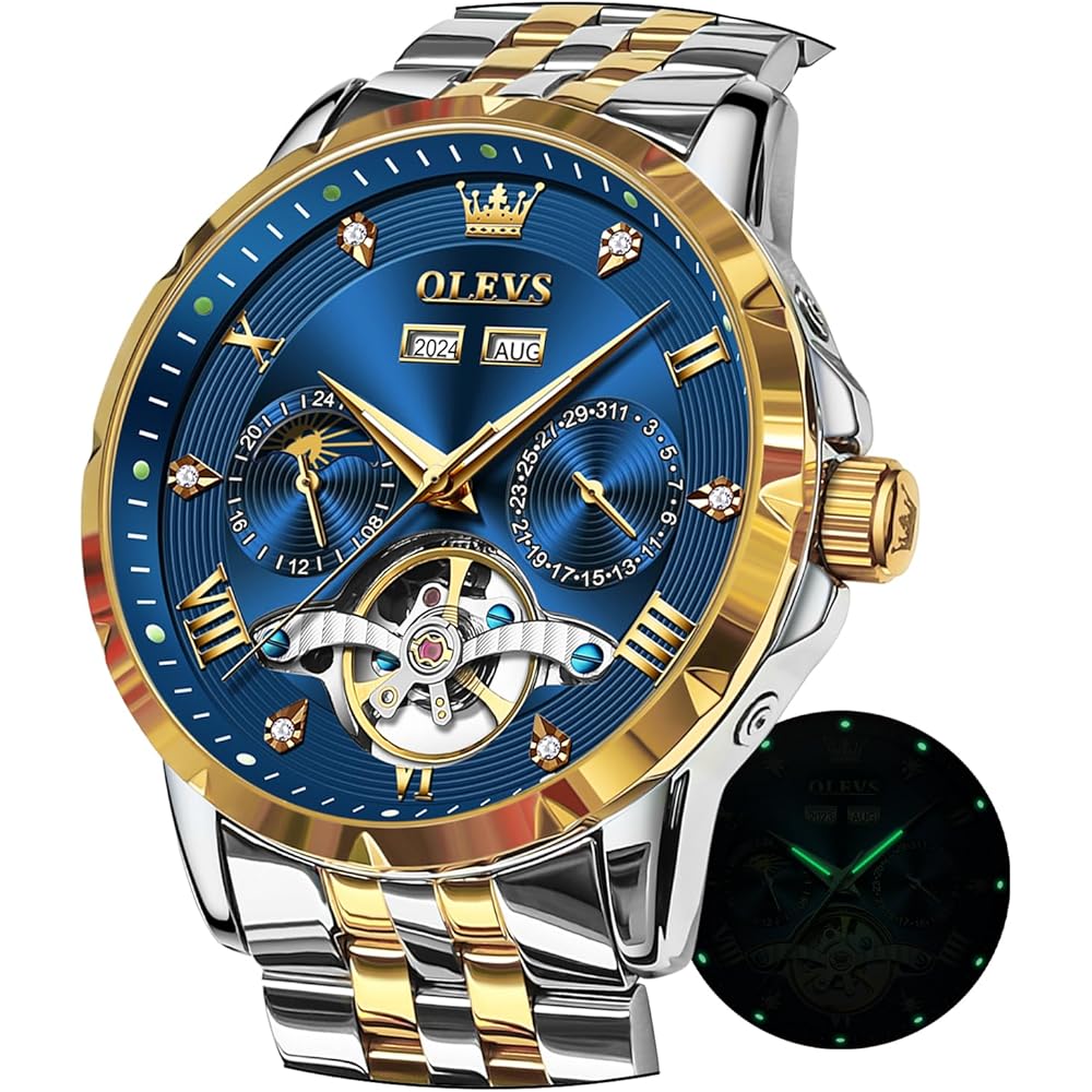 OLEVS Men s Mechanical Automatic Moon Phase Skeleton Watch Waterproof Blue and Gold