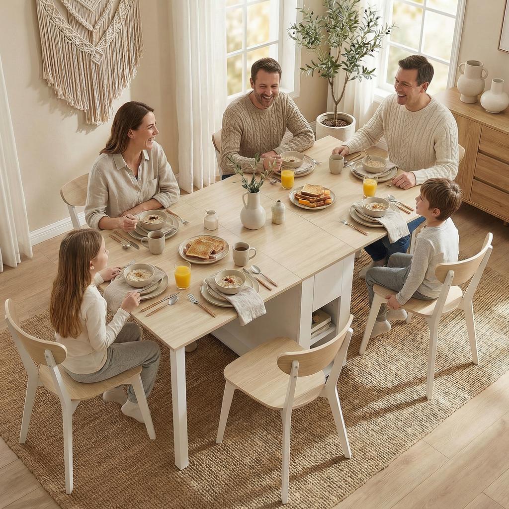 Folding Table for 6 People, 168 cm Large Extendable Dining Table with 2 Drawers & 4 Storage Compartments