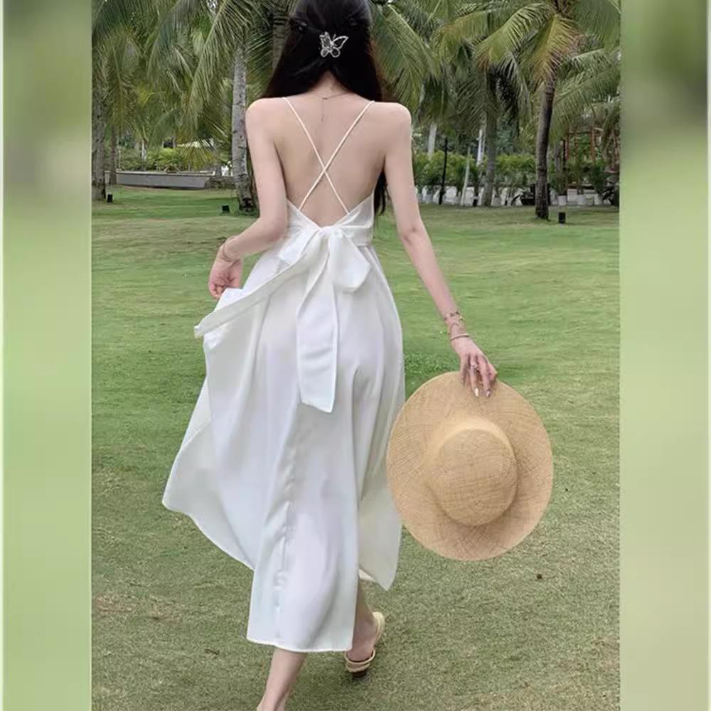 Sanya travel wear Internet celebrity suspender halter dress summer thin white fairy dress seaside vacation beach dress