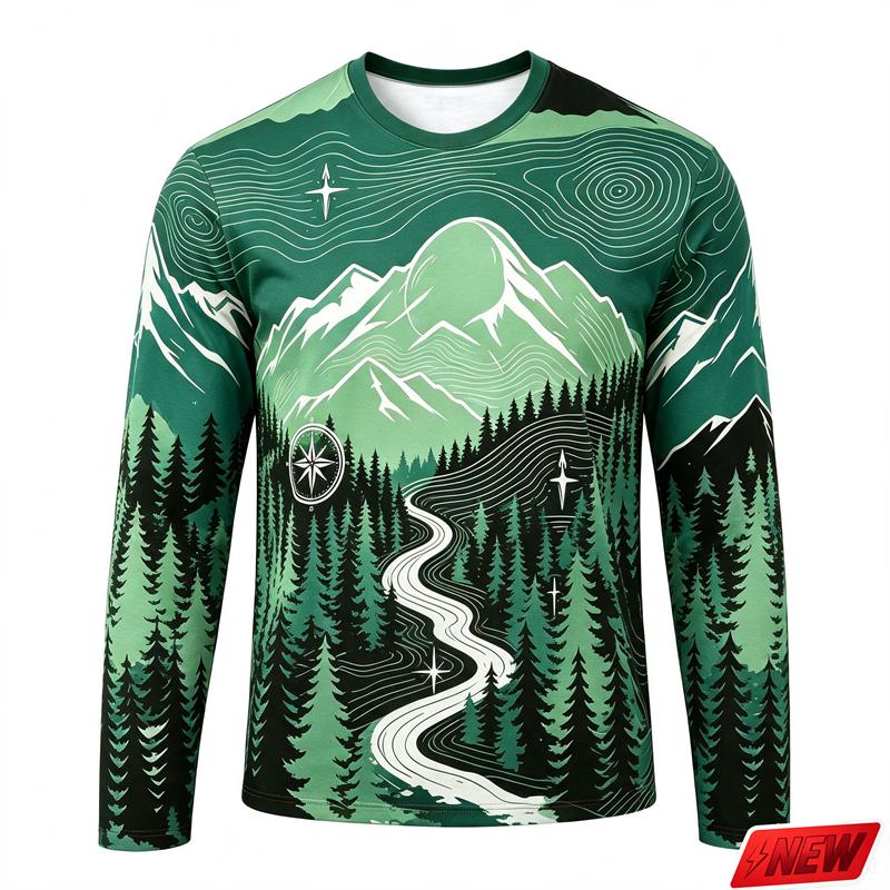 Men's Outdoor Camping Long Sleeve T-Shirt Mountain Forest Casual Crew Neck Top 3d Print Natural Landscape Graphic Tee Hiking