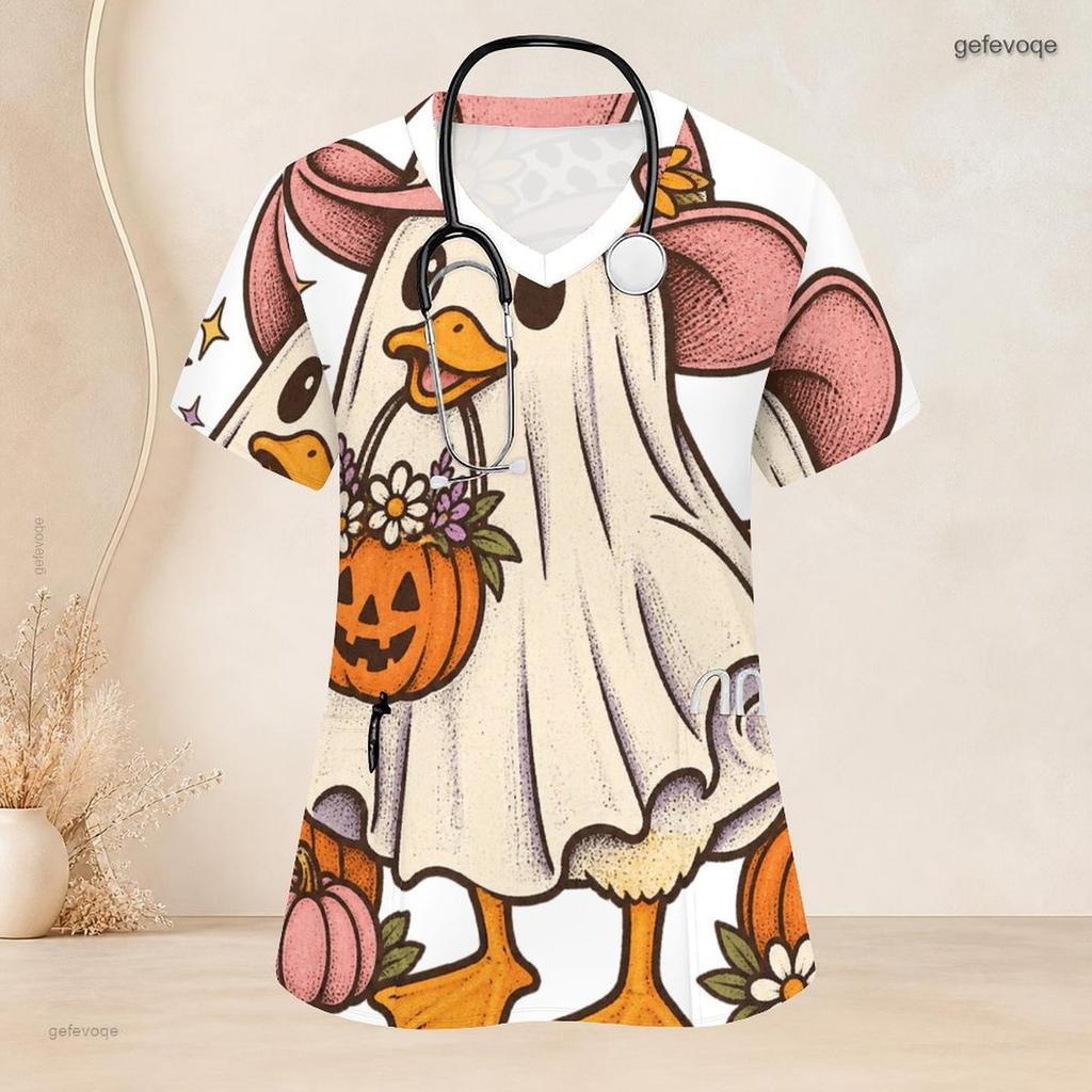 Top de uniforme de enfermera con estampado de caballo occidental, girasol, calabaza, otoño, Halloween, talla grande para mujer, cuello en V, manga corta