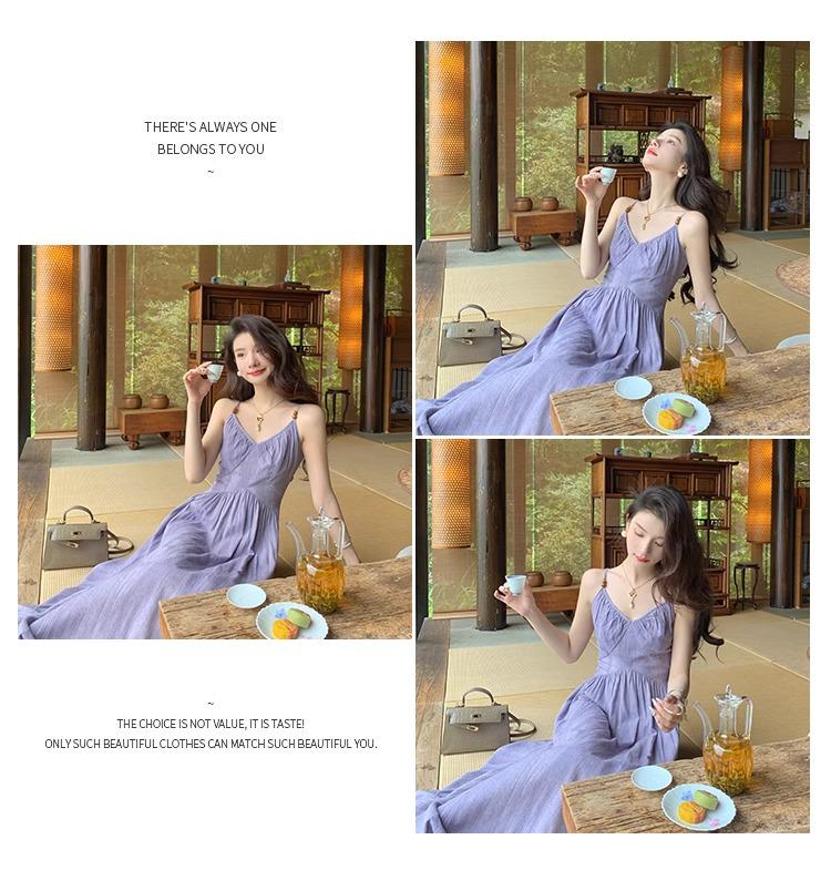 Dopamine Stunning Purple Spaghetti Strap Waist-Cinching Dress for Women's Summer Seaside Vacations