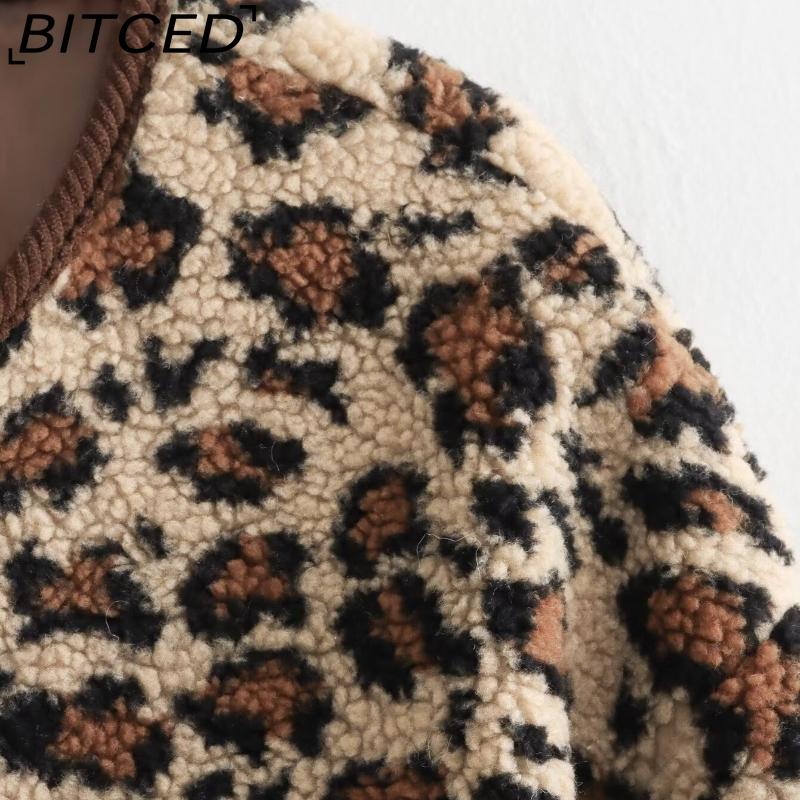 BITCED Women's Autumn Button-Front Fashion Leopard Print Oversized Shearling Coat