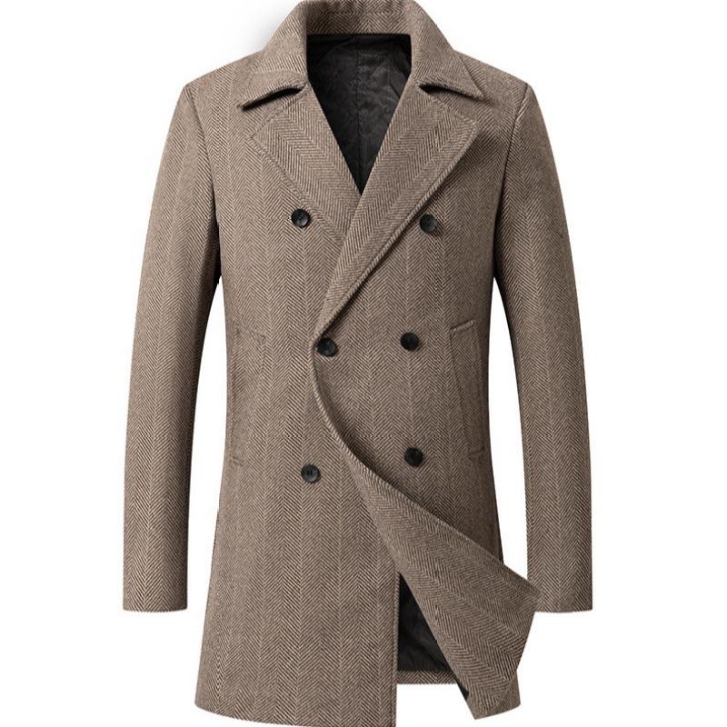Men's Plaid Double-Breasted Wool Blend Coat - Medium Long, Padded and Thick