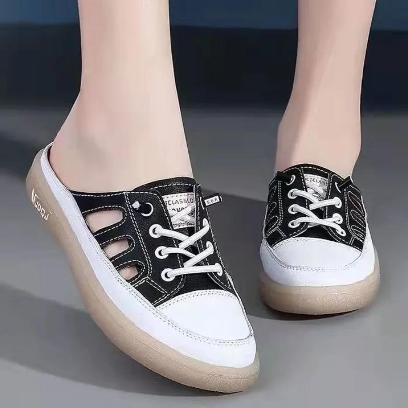 New Women's Shoes Soft Breathable Sandals Hollow White Women Casual Flat Outdoor Light Plus Size Half Slippers Women Sneakers