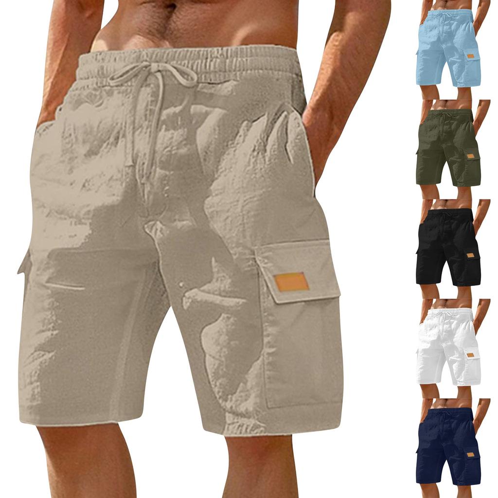 Men's Work Pants Shorts Linen Shorts Beach Shorts Elastic Waist Drawstring Multiple Pockets