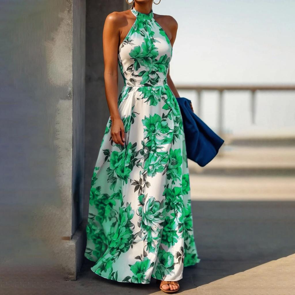 Holiday style neck dress women's summer print high waist thin sleeveless beach dress