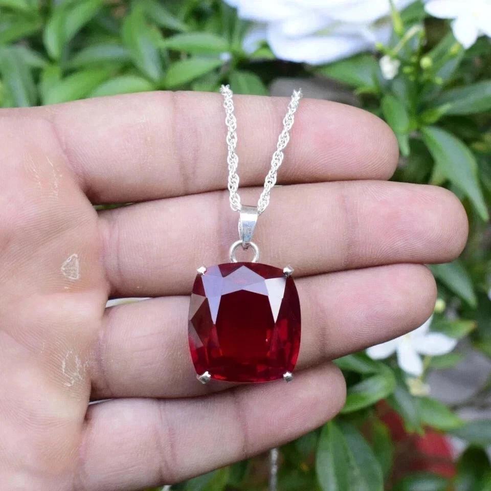 Natural Cushion Cut 20.11 Ct Red Ruby Silver Pendant Certified Gemstone Jewelry