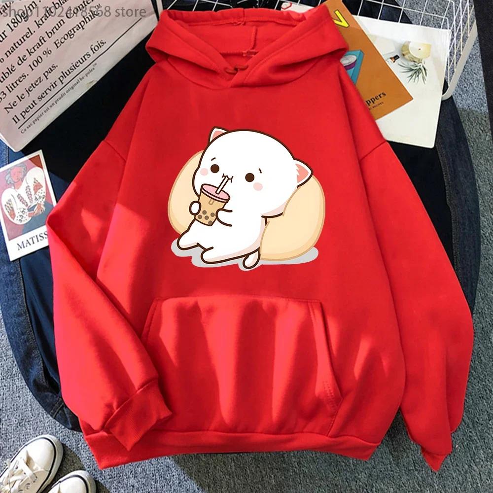 Mikiny Bubble Tea Broskvová Kočka Kawaii Potisk Mikina Ženy Harajuku Streetwear Kreslený Vzor O-Výstřih Top Oblečení