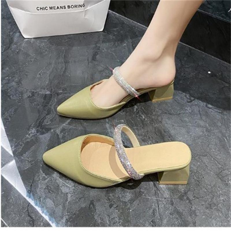 New Bag Head Half Slippers Female Summer Wear Thick Heel Pointed Shoes Fashion Rhinestone Fairy High Heel Sandals