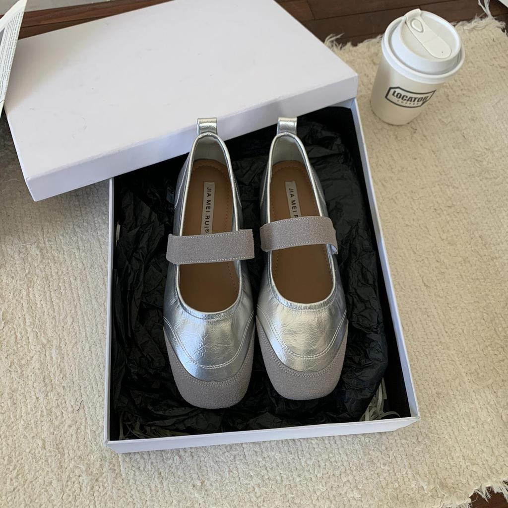 Fashion IPPEUM Women Ballet Flats Shoes Square Toe Buckle Black PU Leather Vintage Ballerina Shoes