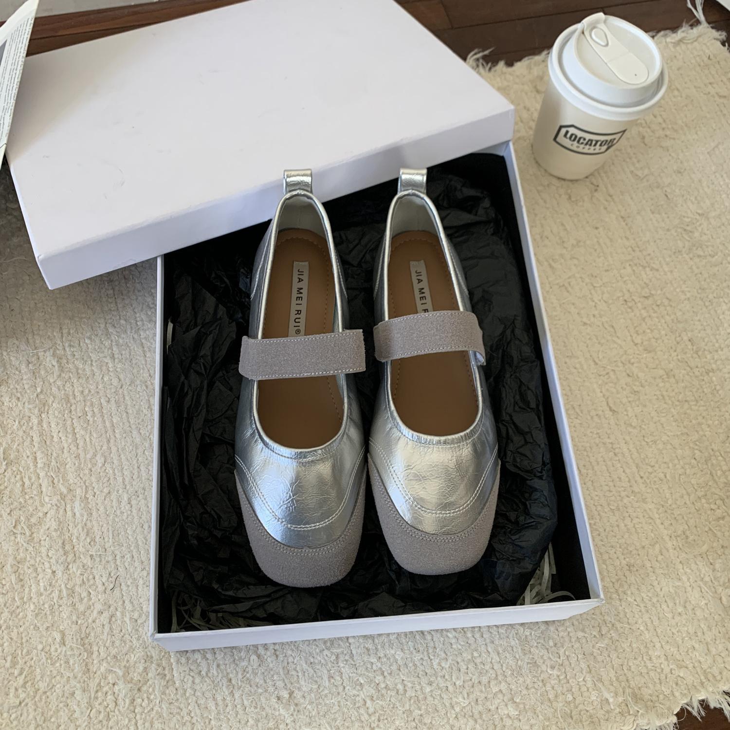 

IPPEUM Women Ballet Flats Shoes Square Toe Buckle Black PU Leather Vintage Ballerina Shoes 225