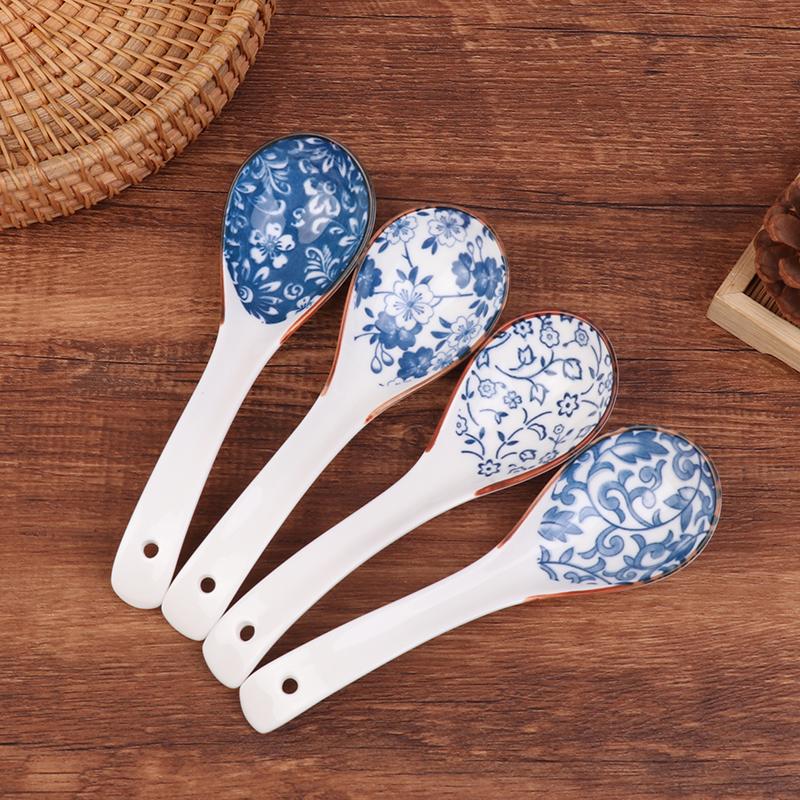 1Pc Blue And White Porcelain Soup Spoon Household Tableware Retro Japanese Style Ceramic Soup Spoons For Home Restaurant