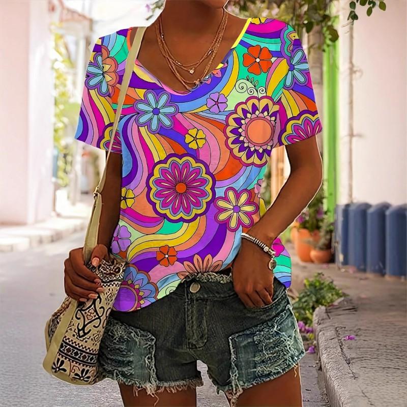 Womens V-Neck Short Sleeve T-Shirt With 3D Printed Striped Loose Fit Casual Chic Top 2025