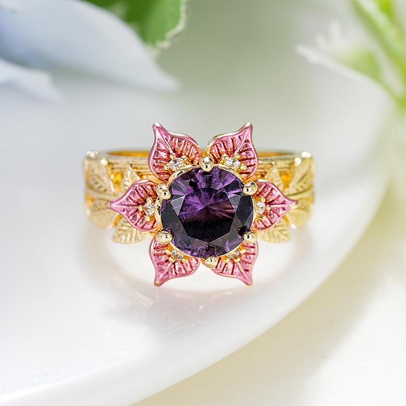 Huitan Flower Design Two Tone Ring for Women Fashion Party Wedding Luxury Accessories Inlaid Purple CZ Elegant Party Jewelry