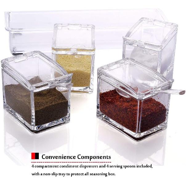 Clear Seasoning Rack Spice Pots by AIQI - 4 Piece Acrylic Seasoning Box - Storage Container Condiment Jars - Cruet with Cover and Spoon