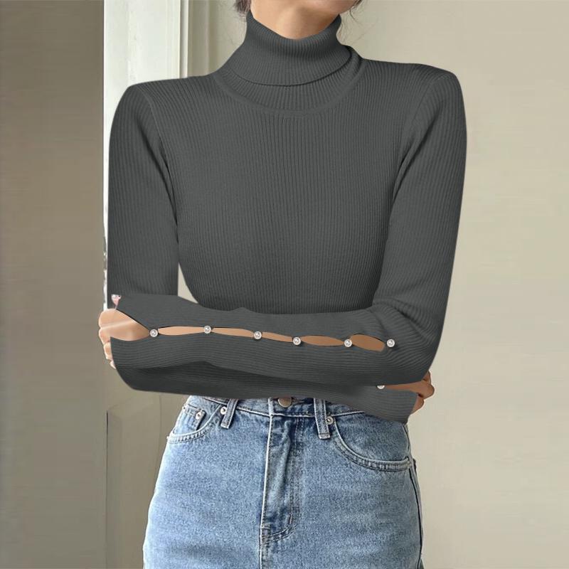 VONDA Women Winter Autumn High Neck Pearl Decorated Long Sleeve Striped Sweaters Undershirts