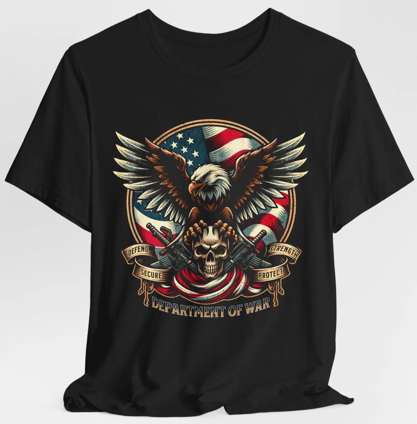 Department of War TShirt Bald Eagle Skull American Flag Military Patriotic Biker S
