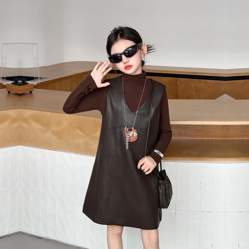 

Комплект платья из кожи для девочек на осень 2025 года - Повседневный ансамбль из двух частей 160 cm коричневый