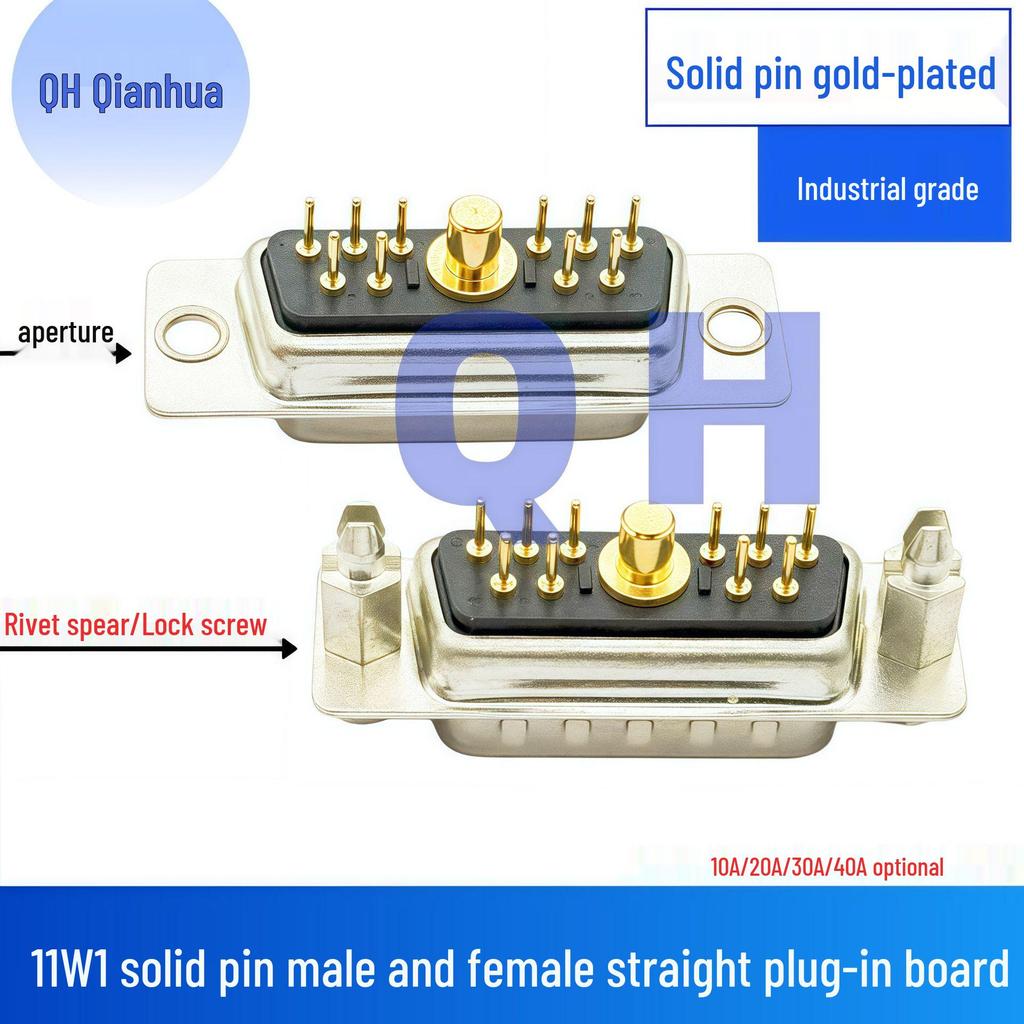 11W1 Male-Female Gold-Plated Solder Plug: High Current, 180° Straight Pin Connector