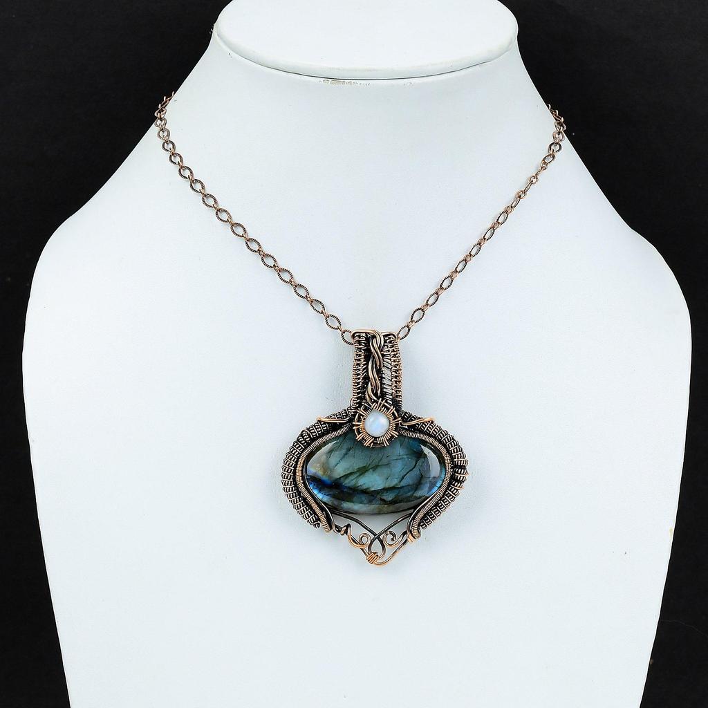 Labradorite Pendant Copper Wire Wrapped Pendant Rainbow Moonstone Pendant Handmade Pendant Gemstone Pendant Copper Wire Jewelry Gift For Her